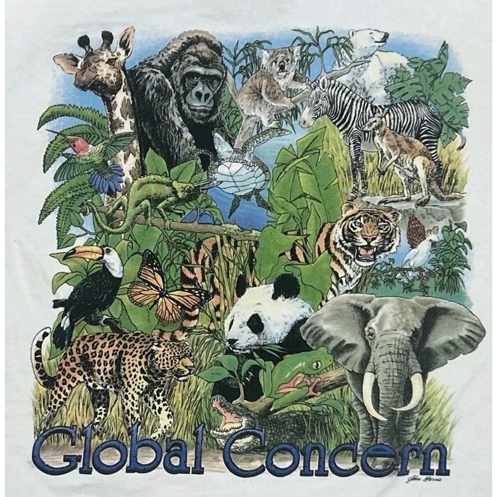 Vintage 90s Nature Global Concern Jungle T Shirt Men's Large White Single Stitch